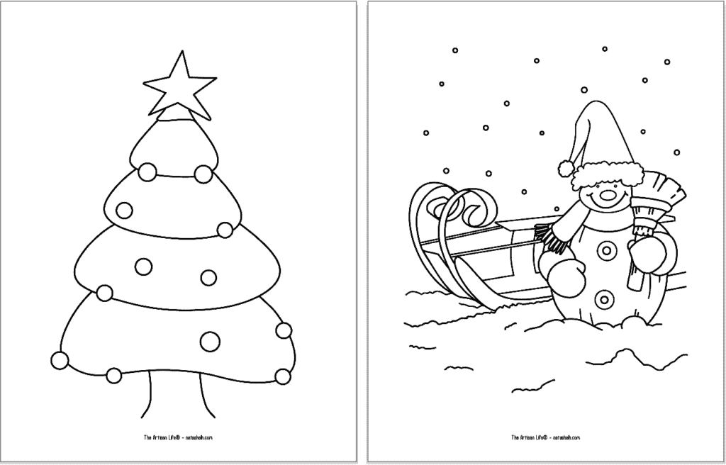 Two easy Christmas coloring pages for kids. Images include as simple Christmas tree and a snowman next to a sleigh. 