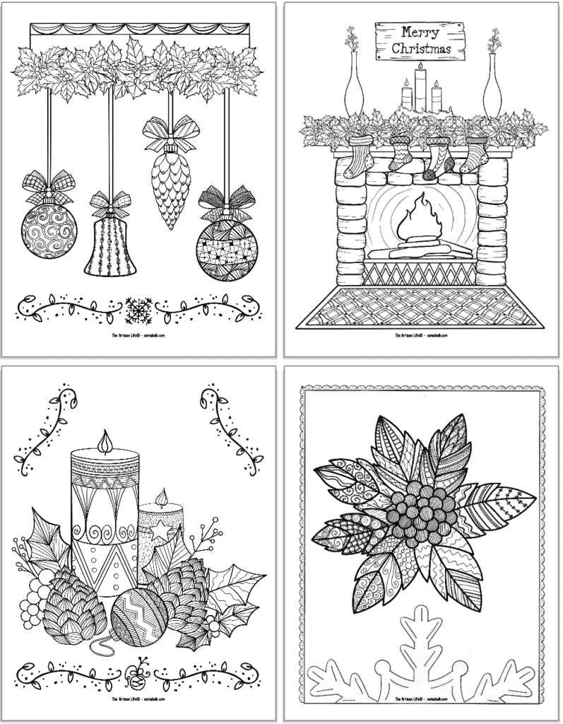 A preview of four Christmas coloring pages for adults with zen-style embellishments. Images include: ornaments, a fireplace, candles, and a poinsettia. 