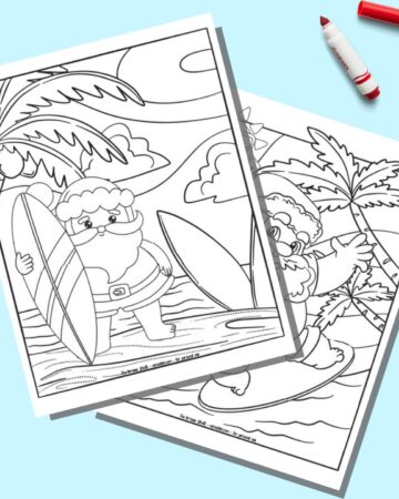 A preview of two surfing Santa themed coloring pages. Santa is standing on the beach holding a surfboard on the page on top. Behind is a page with Santa riding a wave.