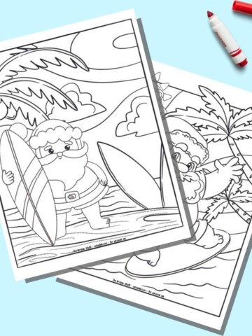 A preview of two surfing Santa themed coloring pages. Santa is standing on the beach holding a surfboard on the page on top. Behind is a page with Santa riding a wave.