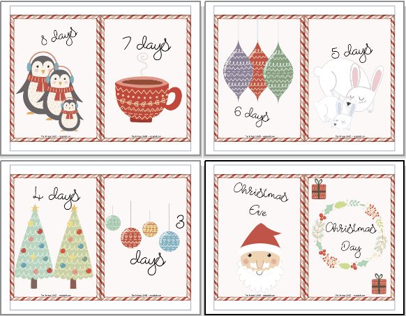 A preview of four pages of Advent calendar printable. Each page has two 5x7 cards to print and cut apart. The pages shown count down from 8 days until Christmas to Christmas Day. Each page has a candy cane border and cute Christmas clipart.