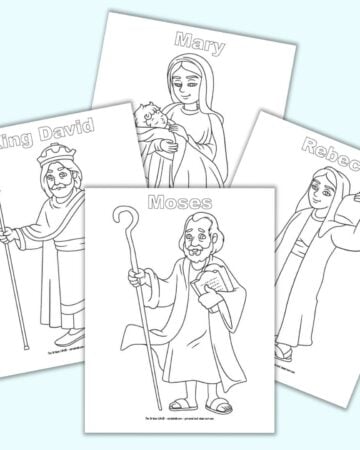 A preview of four printable Bible character coloring pages. Each page has a character and their name in bubble letters. People include Moses, King David, Mary, and Rebecca