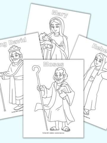 A preview of four printable Bible character coloring pages. Each page has a character and their name in bubble letters. People include Moses, King David, Mary, and Rebecca