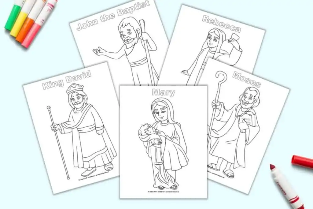 A preview of five Bible character themed coloring pages. Each page has a character and their name in bubble letters to color in. Bible characters include Mary with the infant Jesus, King David, John the Baptist, Rebecca, and Moses