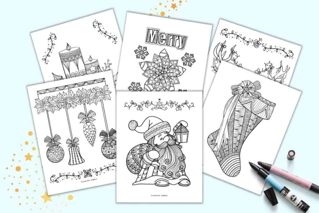 A preview of six printable Christmas coloring pages for adults. Each page has zen-style embellishments on Christmas illustrations. Images include Santa, a Christmas stocking, ornaments, candles, a poinsettia, and a stag.