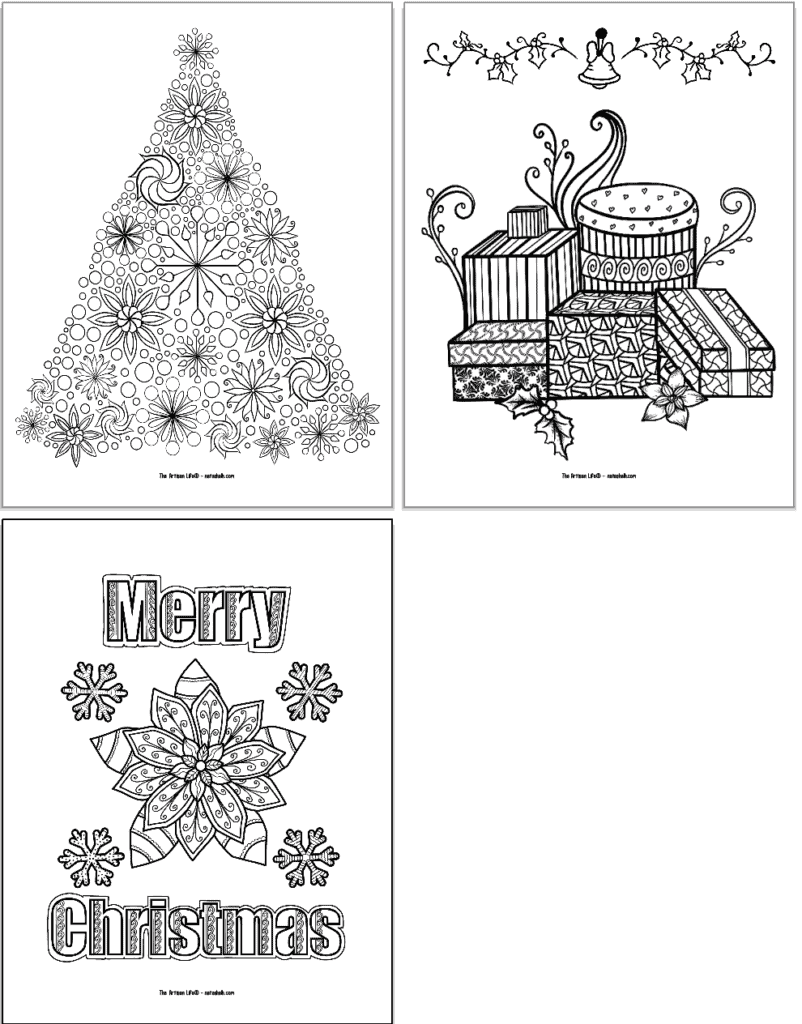A preview of three Christmas coloring pages for adults with zen-style embellishments. Images include: a Christmas tree, Christmas presents, and "Merry Christmas" with a poinsettia.  