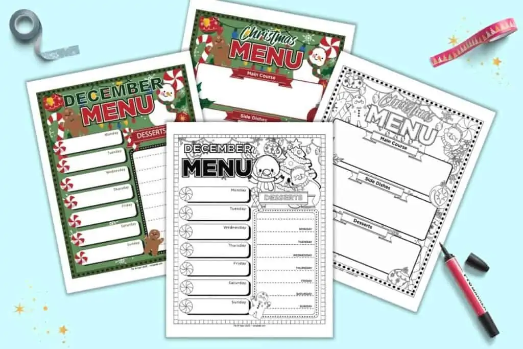 A preview of four printable menu planner pages for December. Two are color, two are black and white. One page each is a Christmas Day menu planner and the other is a weekly menu planner. The pages are shown with two rolls of washi tape and a pair of colorful markers.