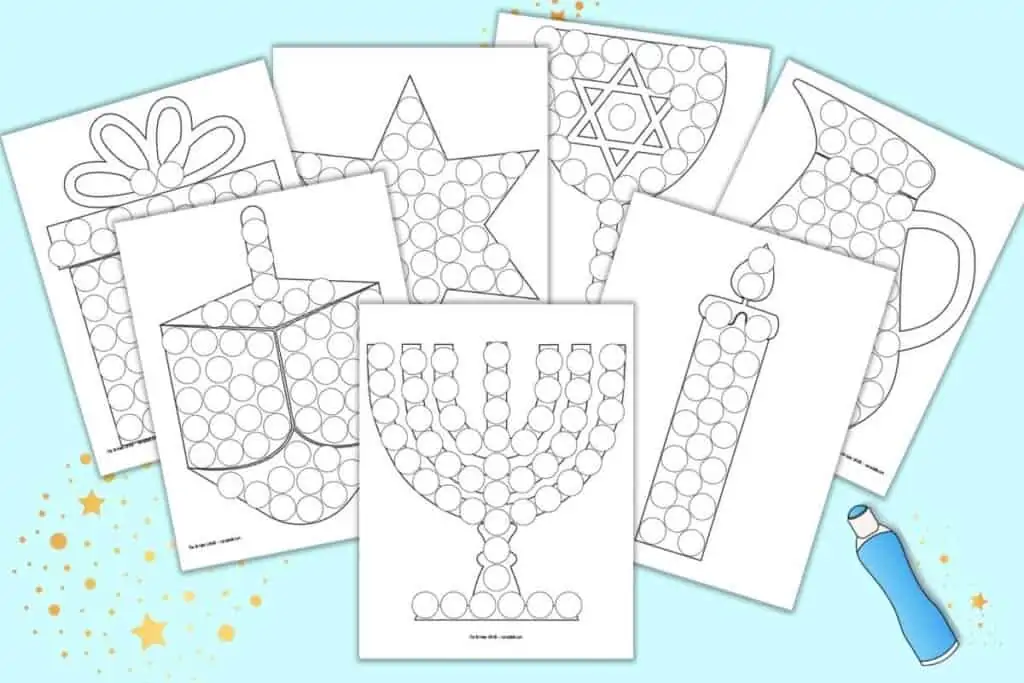 A preview of seven printable Hanukkah themed dab it dot marker coloring pages for children. Images include a menorah, a candle, a jug, a chalice, a Star of David, a dreidel, and a gift. 