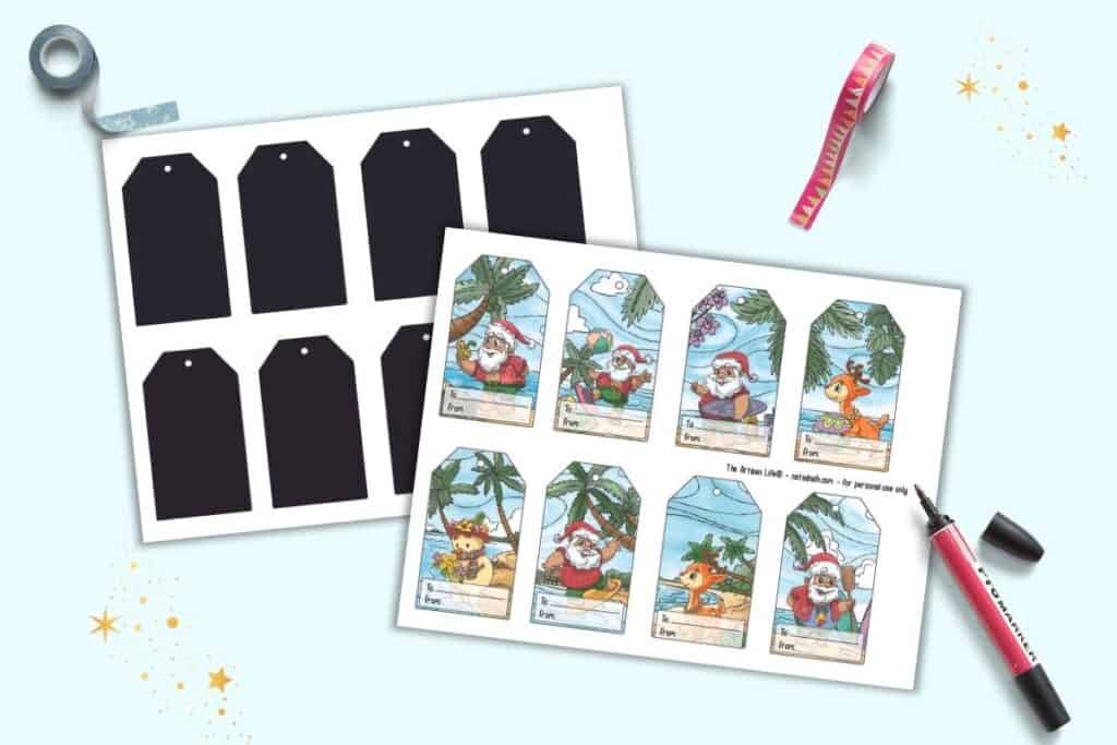 A preview of printable Hawaiian Santa gift tags and a blackout cut file for cutting machines. There are eight unique gift tags with illustrated beach scenes with a tanned Santa.