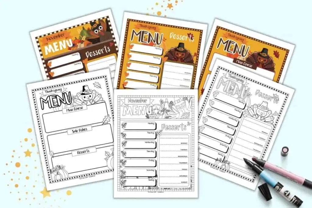 A preview of six November and Thanksgiving menu planner printables. Three are in color, three in black and white. Pages include a weekly November menu planner, a Thanksgiving week menu planner, and a Thanksgiving day menu planner.