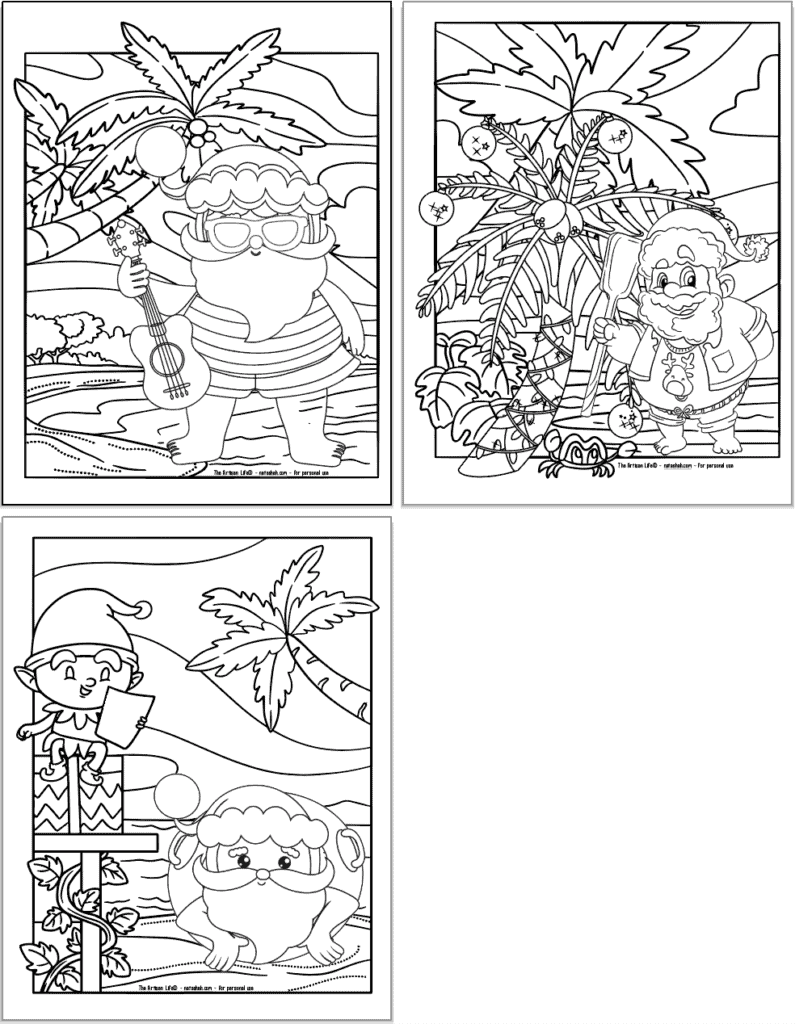 A preview of three tropical beach Christmas coloring pages with Santa. In the page on the top left he's holding a ukulele. On the right he's holding a paddle standing next to a decorated palm tree. In the page on the bottom Santa is in an inner tube while an elf sits on a Christmas present nearby.
