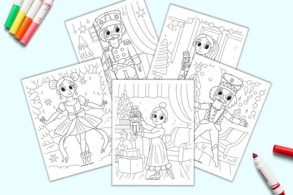 Five printable Nutcracker ballet Christmas coloring pages showing Clara, the Nutcracker, and the Sugar Plum Fairy.