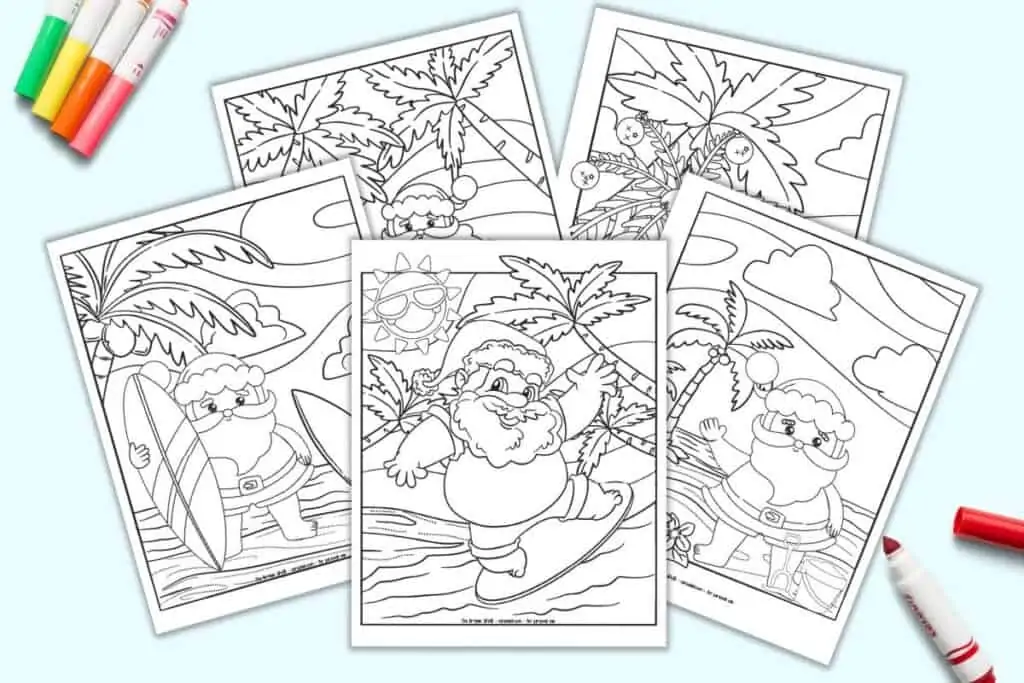 A preview of five printable tropical Santa coloring pages with Santa at the beach surfing, standing in the sand, and relaxing on the beach.