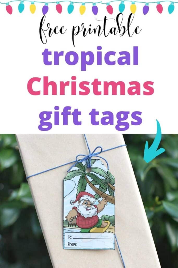 Text "free printable tropical Christmas gift tags" above a preview of a printable tropical Christmas gift tag featuring a tanned, surfing Santa at the beach. The tag is tied to a brown paper wrapped package with blue twine.