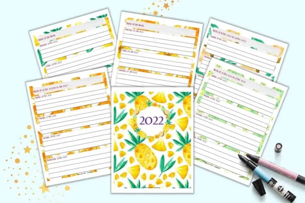 A preview of six pages of weekly planner for 2022. The front and center page has pineapples and is a 2022 over page. Behind are weekly pages with either four days or three days and a space for note taking.