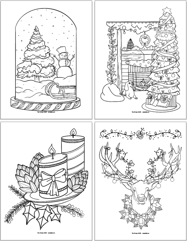 A preview of four Christmas coloring pages for adults with zen-style embellishments. Images include: a snow globe, a Christmas tree and fireplace, a pair of candles, and a stag.