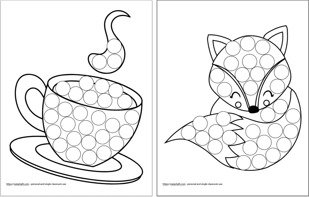 Two dot marker coloring pages for children with a winter theme. On the left is a hot chocolate and on the right is a fox. 