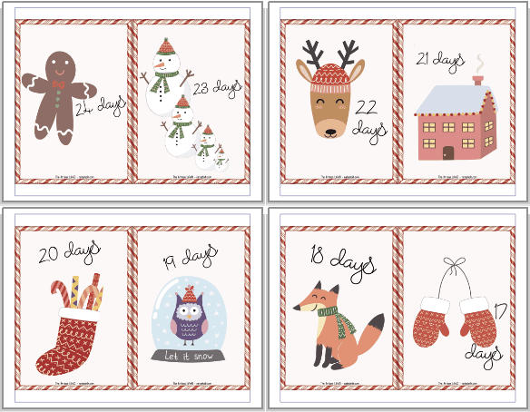 A preview of four pages of Advent calendar printable. Each page has two 5x7 cards to print and cut apart. The pages shown count down from 24 days until Christmas to 17 days until Christmas. Each page has a candy cane border and cute Christmas clipart.