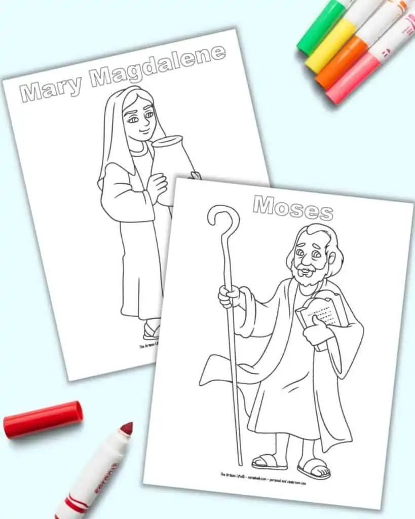 A preview of a Moses coloring page in front of a coloring page featuring Mary Magdalene 