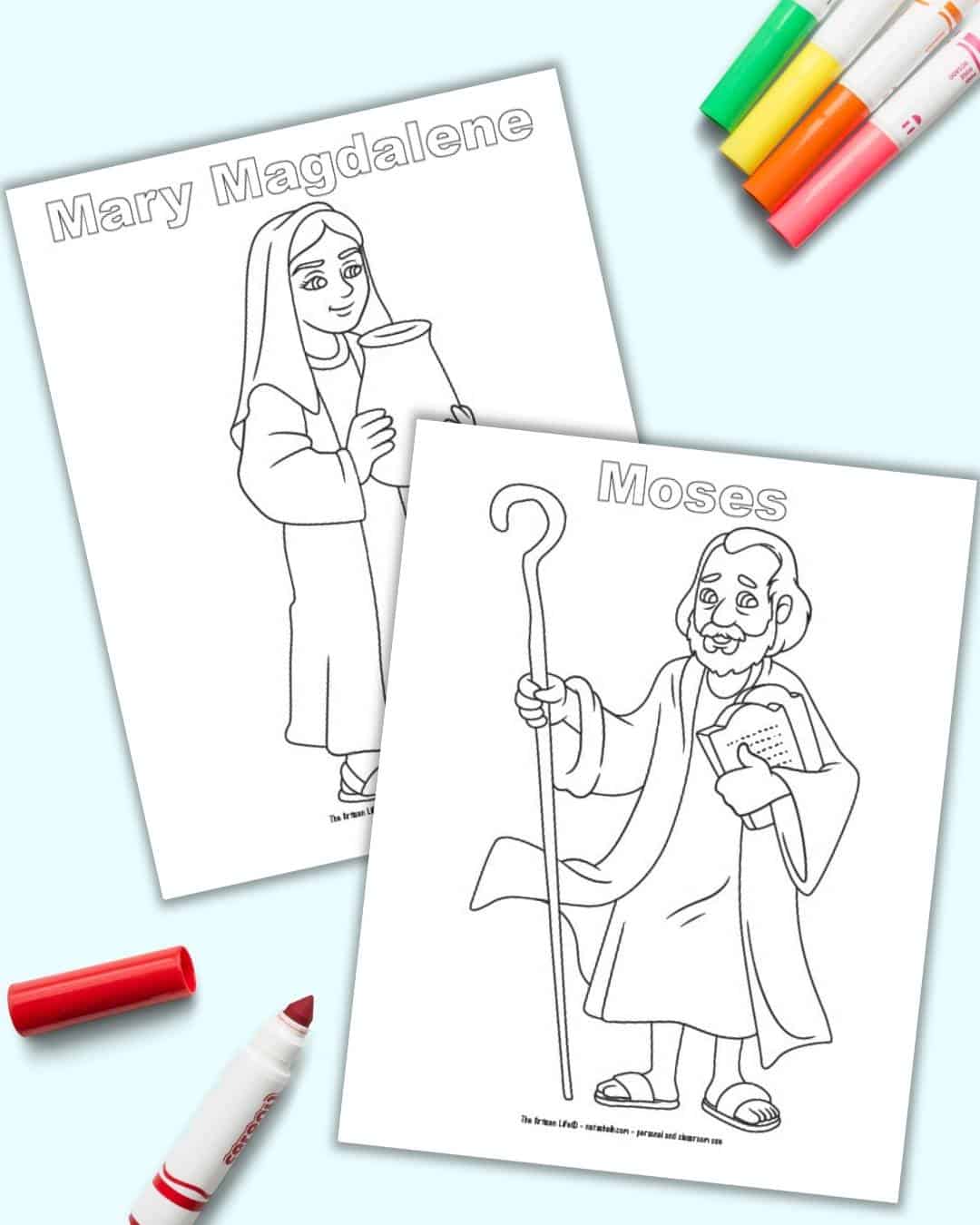 A preview of a Moses coloring page in front of a coloring page featuring Mary Magdalene
