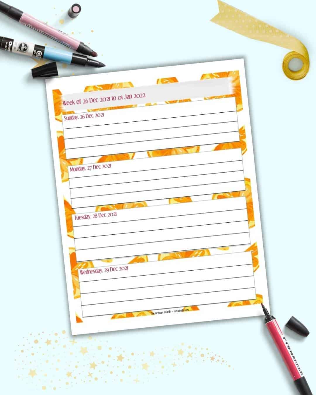 A preview of a weekly planner page with days Sunday 26 December, 2-21 through the following Wednesday. Watercolor orange slices are int he background.