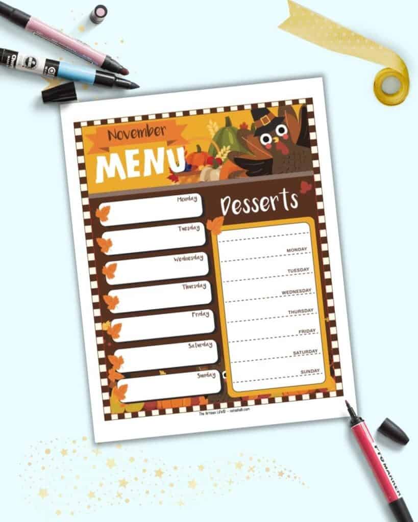 A preview of a colorful weekly mean planner page for November with a turkey theme.