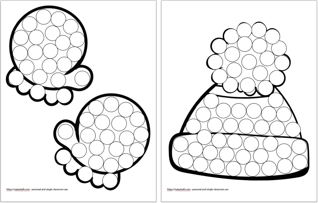 Two dot marker coloring pages for children with a winter theme. On the left is a pair of mittens and on the right is a winter hat.
