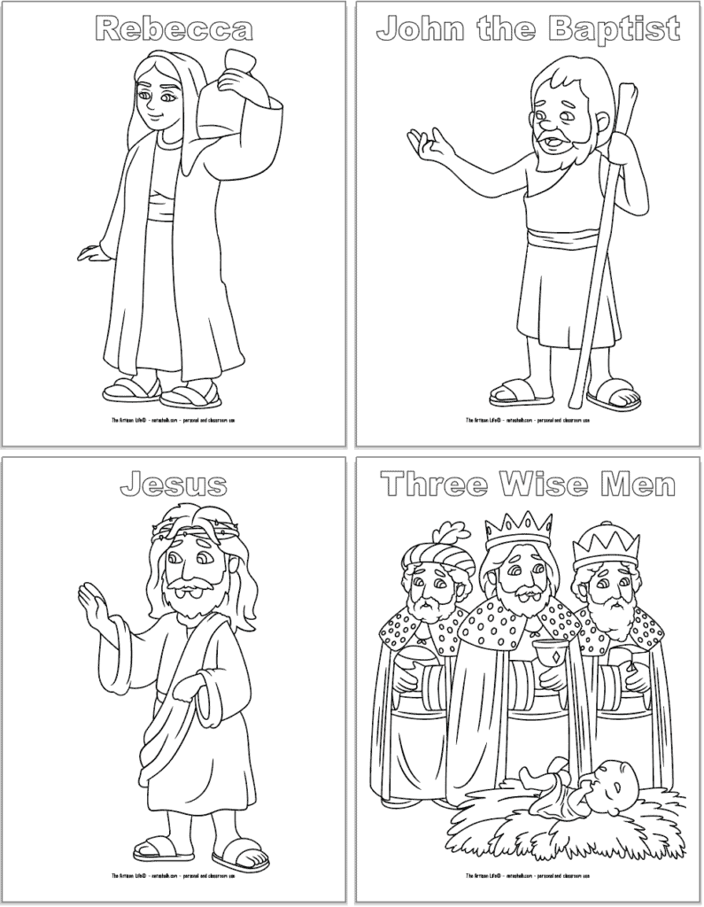 Four Bible character coloring pages with one character each and their name above in bubble letters. Characters are: Rebecca, John the Baptist, Jesus, and the Three Wise Men.