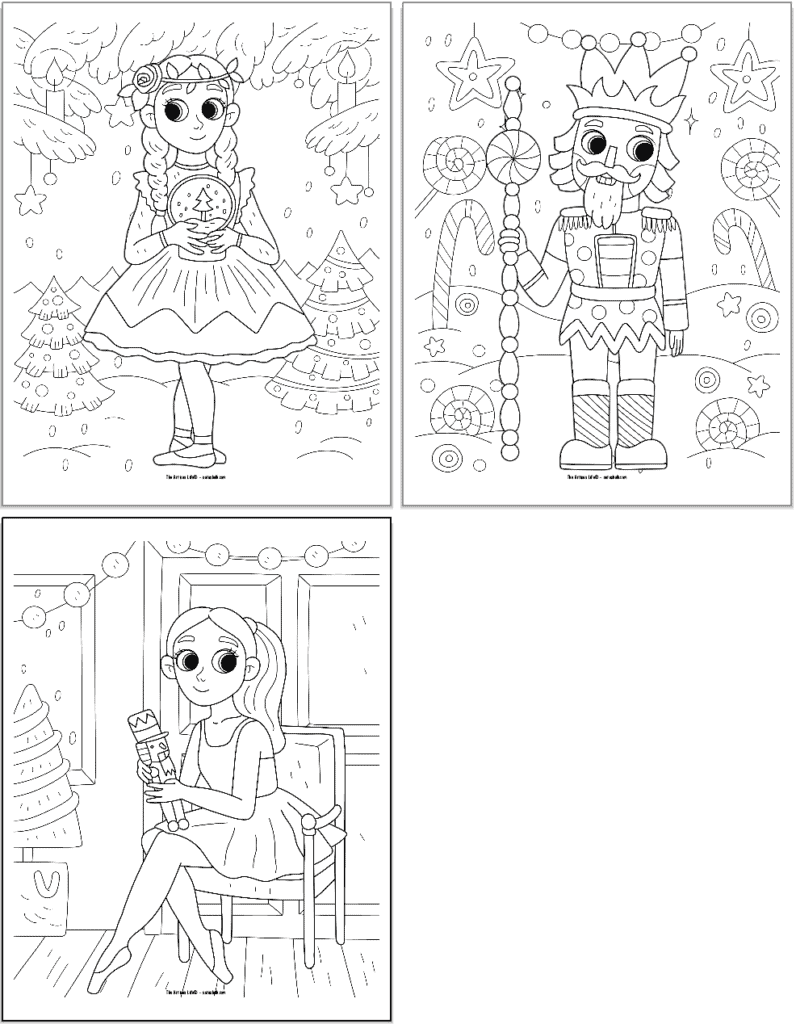 Three Nutcracker ballet Christmas coloring pages showing Clara and the Nutcracker
