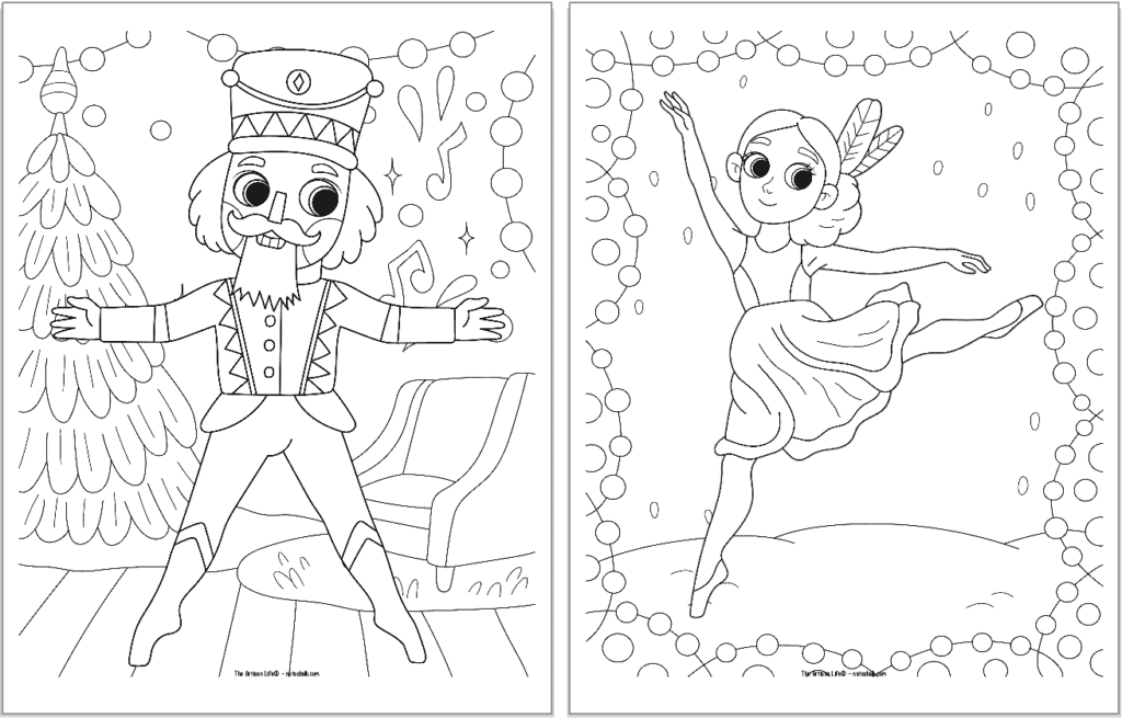 Two Nutcracker Ballet coloring pages. The page on the left has the Nutcracker at human size, the page on the right shows a dancing Snowflake