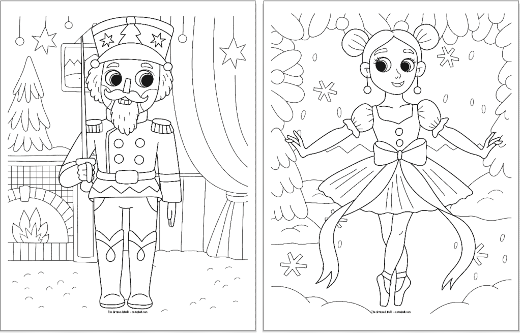 Two Nutcracker Ballet coloring pages. The page on the left has the Nutcracker at human size when he first appears in Clara's home. The page on the right shows the Sugar Plum Fairy.