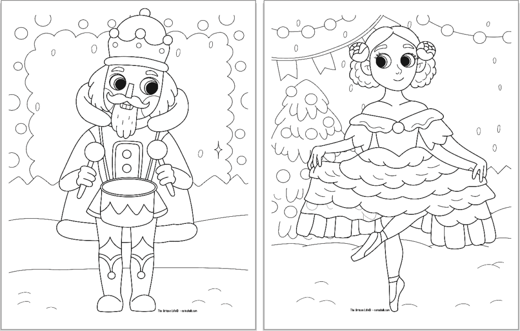 Two Nutcracker Ballet coloring pages. The page on the left has the Nutcracker at human size with a drum the page on the right has Mother Ginger