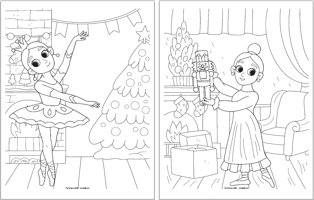 Two Nutcracker ballet coloring pages showing scenes from the beginning of the Christmas party.