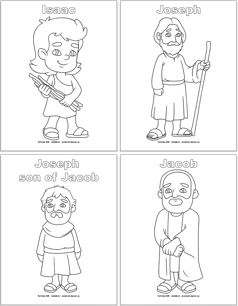 Four Bible character coloring pages with one character each and their name above in bubble letters. Characters are: Isaac, Jospeh, Joseph son of Jacob, and Jacob.