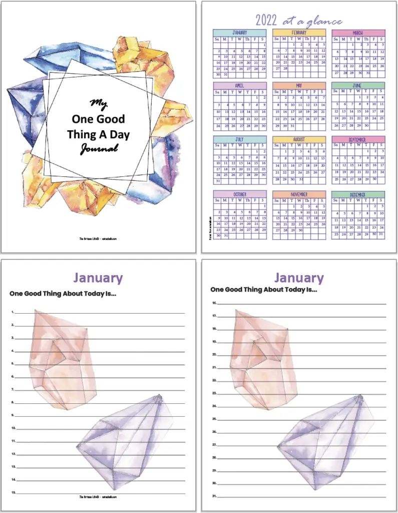 A "My one good thing a day journal" cover page and a 2022 at a glance calendar with A preview of two printable January one line a day pages. Each page has dates (1-15 on one page, 16-30 on the second page) and a single line for each date.