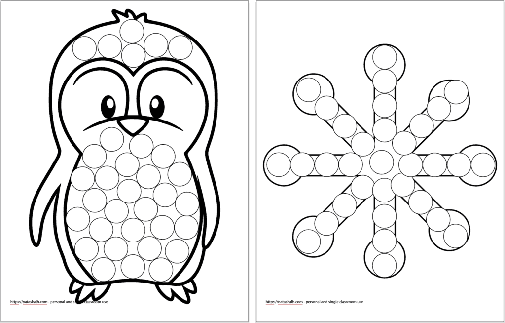 Two dot marker coloring pages for children with a winter theme. On the left is a penguin and on teh right is a snowflake