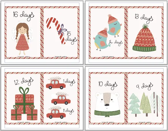 A preview of four pages of Advent calendar printable. Each page has two 5x7 cards to print and cut apart. The pages shown count down from 16 days until Christmas to 9 days until Christmas. Each page has a candy cane border and cute Christmas clipart.