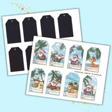 A preview of a page with 8 printable tropical Christmas gift tags and a blackout file with 8 completely black tags for use with a cutting machine.