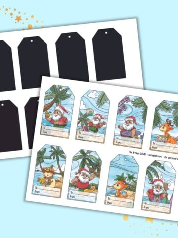 A preview of a page with 8 printable tropical Christmas gift tags and a blackout file with 8 completely black tags for use with a cutting machine.