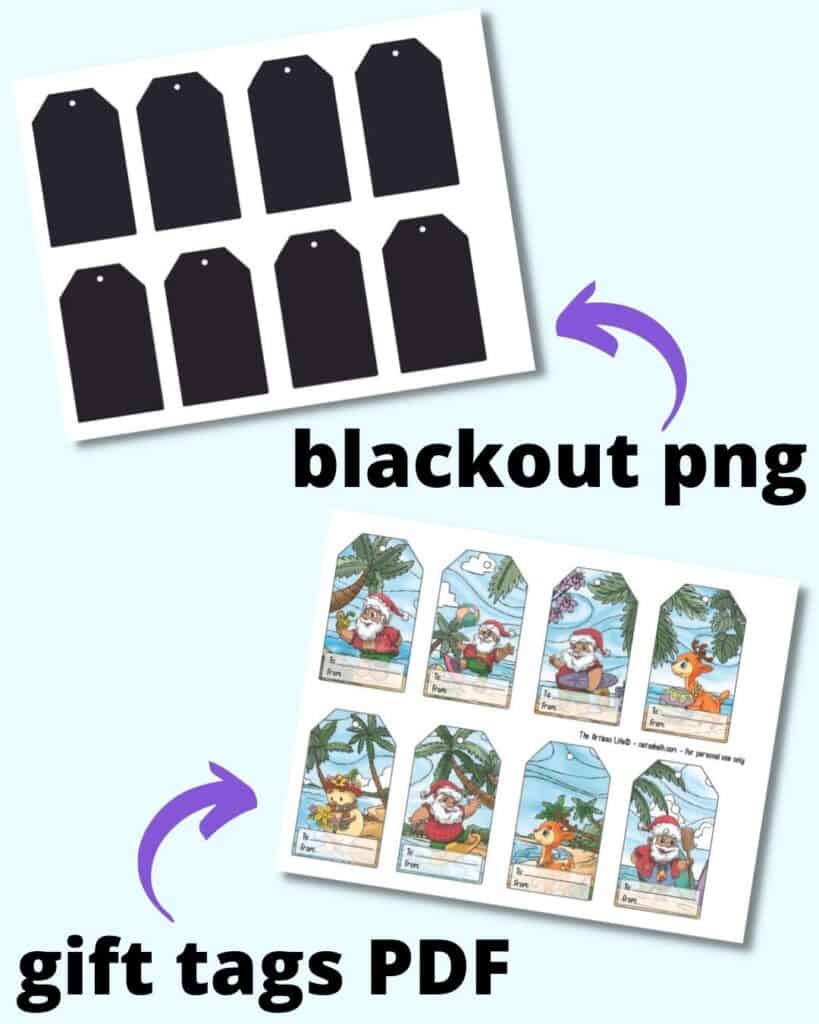 A preview of a set of 8 tropical Christmas gift tags with the label "gift tag PDF" and a blackout file with the gift tags in black, without decoration, and the tag "blackout png"