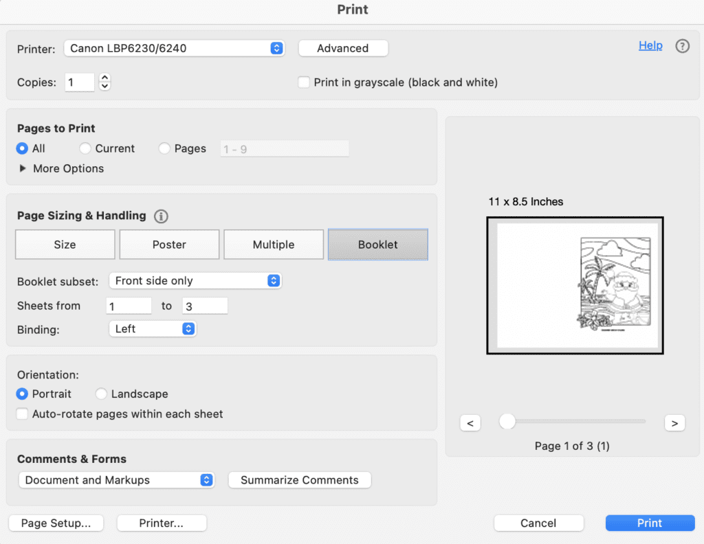 A screenshot of an Adobe Reader print dialogue box showing how to print a surfing Santa coloring page for use as a Christmas card.