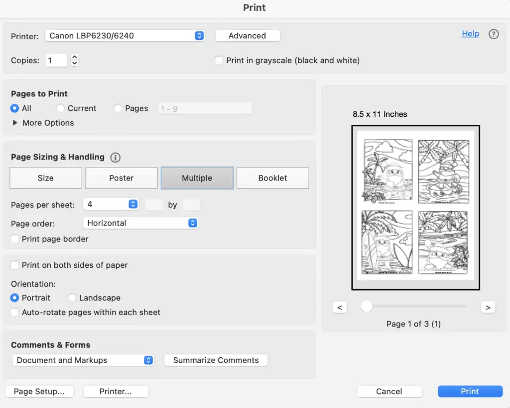 A screenshot of a print dialogue box showing printing four surfing Santa coloring pages in multi-up to create post cards