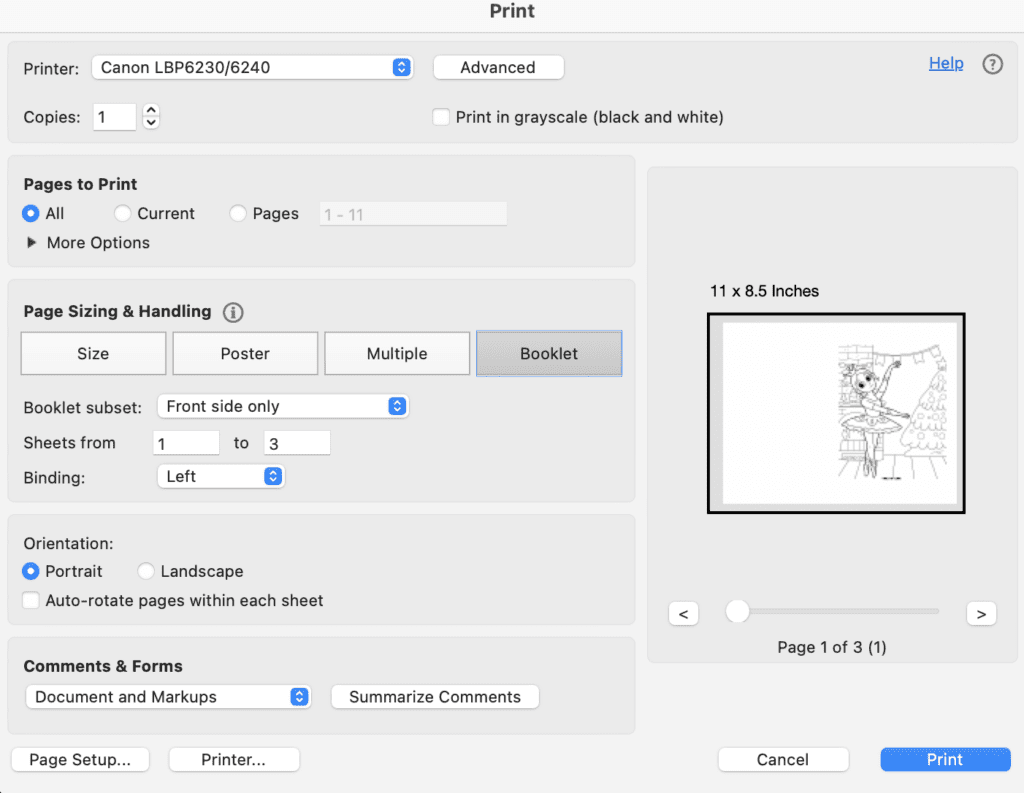 A print preview dialogue box from Acrobat Readers showing the print booklet feature to turn a Nutcracker coloring page into a Christmas card.