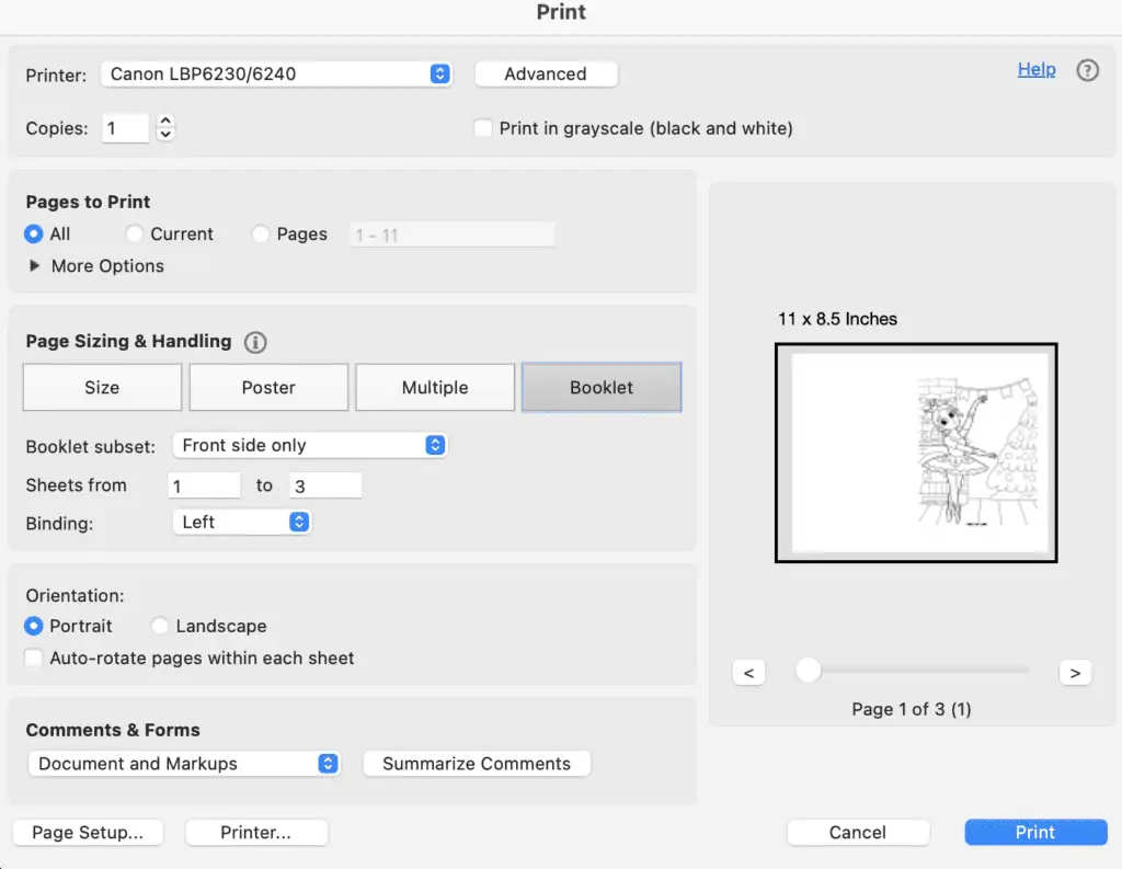 A print preview dialogue box from Acrobat Readers showing the print booklet feature to turn a Nutcracker coloring page into a Christmas card.