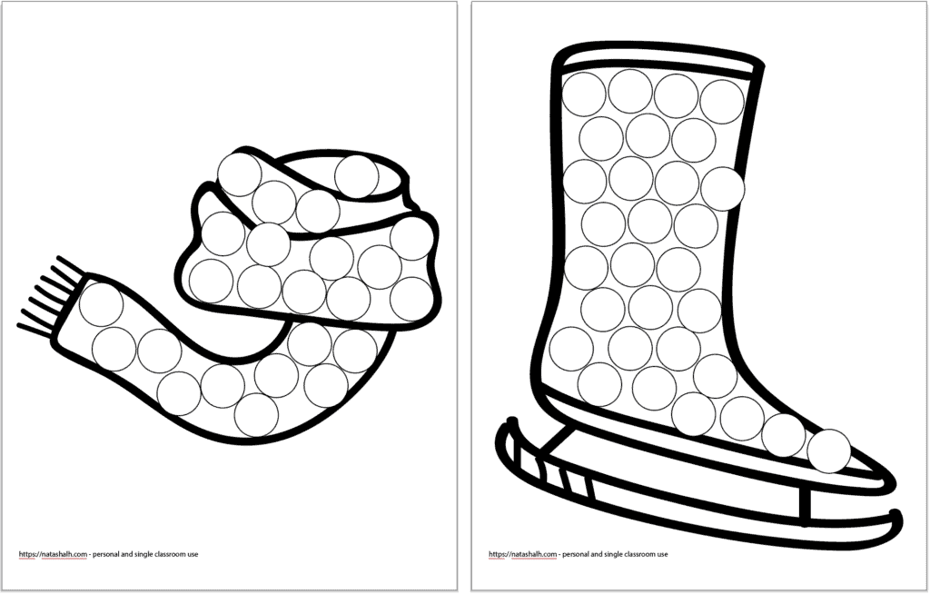 Two dot marker coloring pages for children with a winter theme. On the left is a scarf and on the right is an ice skate.
