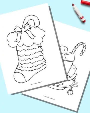 A preview of two printable easy Christmas pages. The page on front has a stocking with a candy cane. The page in back has a cup of hot chocolate.