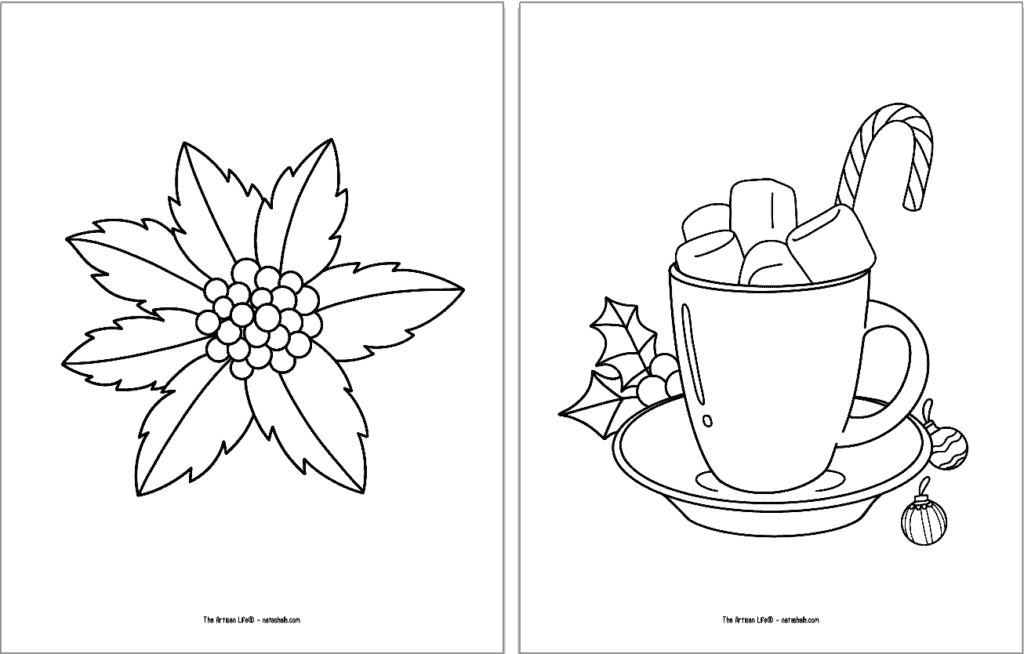 Two easy Christmas coloring pages. On the left is a poinsettia and on teh right is a mug of hot chocolate with marshmallows 