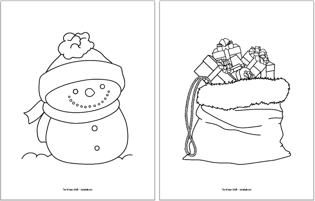 Two simple Christmas coloring sheets with a snowman and Santa's sack full of presents. 