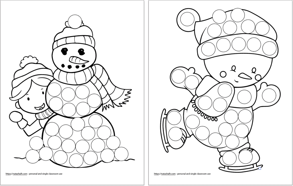 Two dot marker coloring pages for children with a winter theme. On the left is a child hiding behind a snowman and on the right is an ice skating snowman