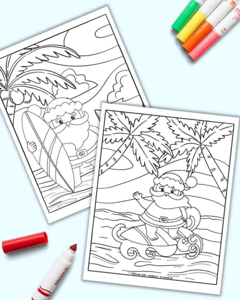 A preview of two printable surfing Santa coloring pages. On teh front page Santa is riding a surfboard and on the page behind he's holding his surfboard on the sand.